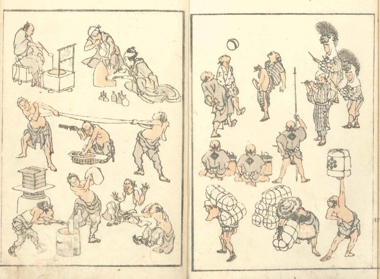 葛飾北斎『北斎漫画』初編　すみだ北斎美術館蔵。※現在は『すみだ北斎美術館』で展示されていない。