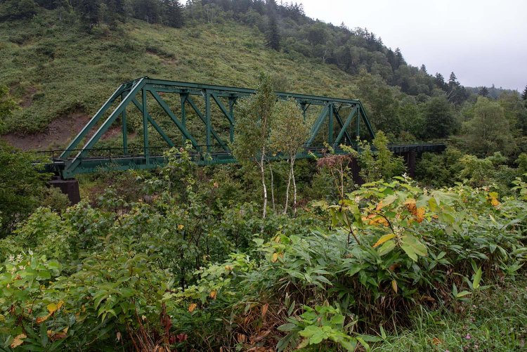 国道からプラットトラスを見る。現役時代はよく見えたのだが、廃止後に道路脇の雑草が伸び放題となって見えづらくなった。車からでも見えるが脇見運転は厳禁！（2015年9月撮影）。