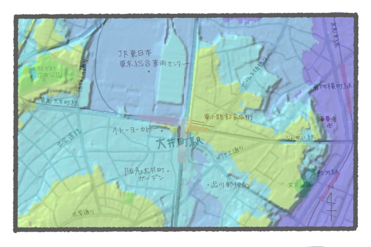 国土地理院地図の標準地図・標高図・陰影起伏図を加工し重ねたもの。