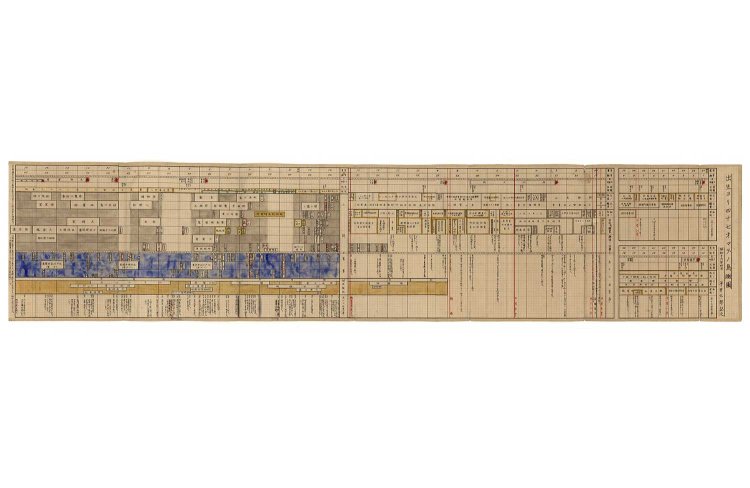 『貼雑年譜』の一部、「出生ヨリ四十七才マデノ鳥瞰図」。年数、年齢、住居、肉親の職業・生没年、自身の著作など、事細かに記載。手書きとは思えぬ細密さだ。提供＝立教大学江戸川乱歩記念大衆文化研究センター。