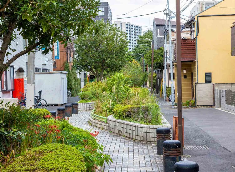 住宅地の中のいぶし銀の谷端川南緑道。