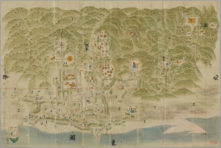 江戸時代初期の古地図「山門三塔坂本惣絵図」（国立公文書館蔵）。山と湖の間に「坂本」の文字が見える。
