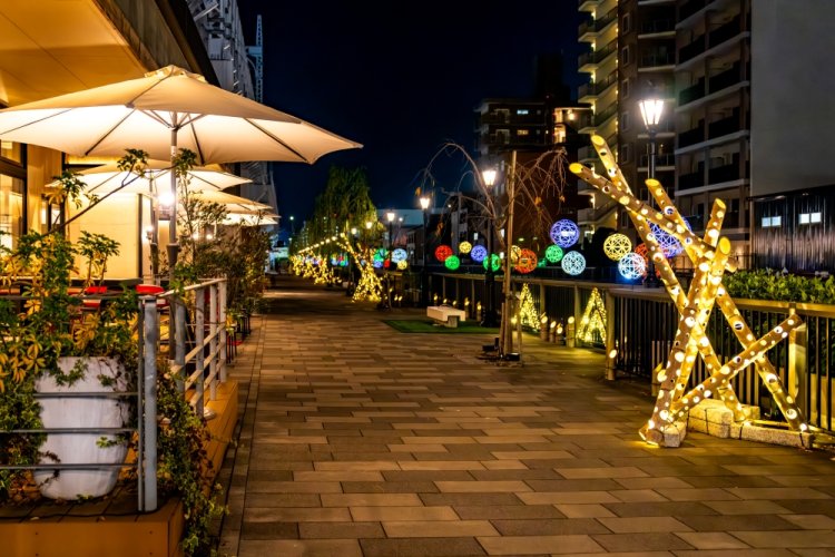 2024年の北十間川のライトアップの様子。竹あかりが川面にも反射してダイヤモンドのように光り輝く。