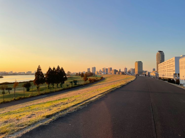 荒川土手。エルザタワーが見える。