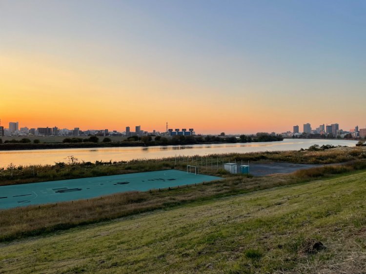 対岸（のさらに向こう）に東京都北区の岩渕水門（青水門）が見える。