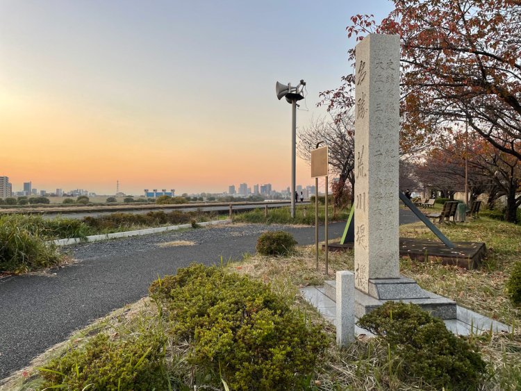 足立区側に立つ荒川堤五色桜碑。