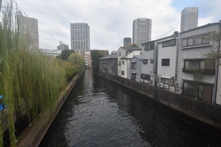 住吉小橋上から見た佃島（右側）と石川島。今は堀になったが、かつては海、河口、川へと姿を変えていった不思議な水辺。