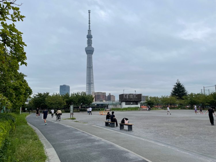 山谷堀広場。ボール遊びをしている人も多い。