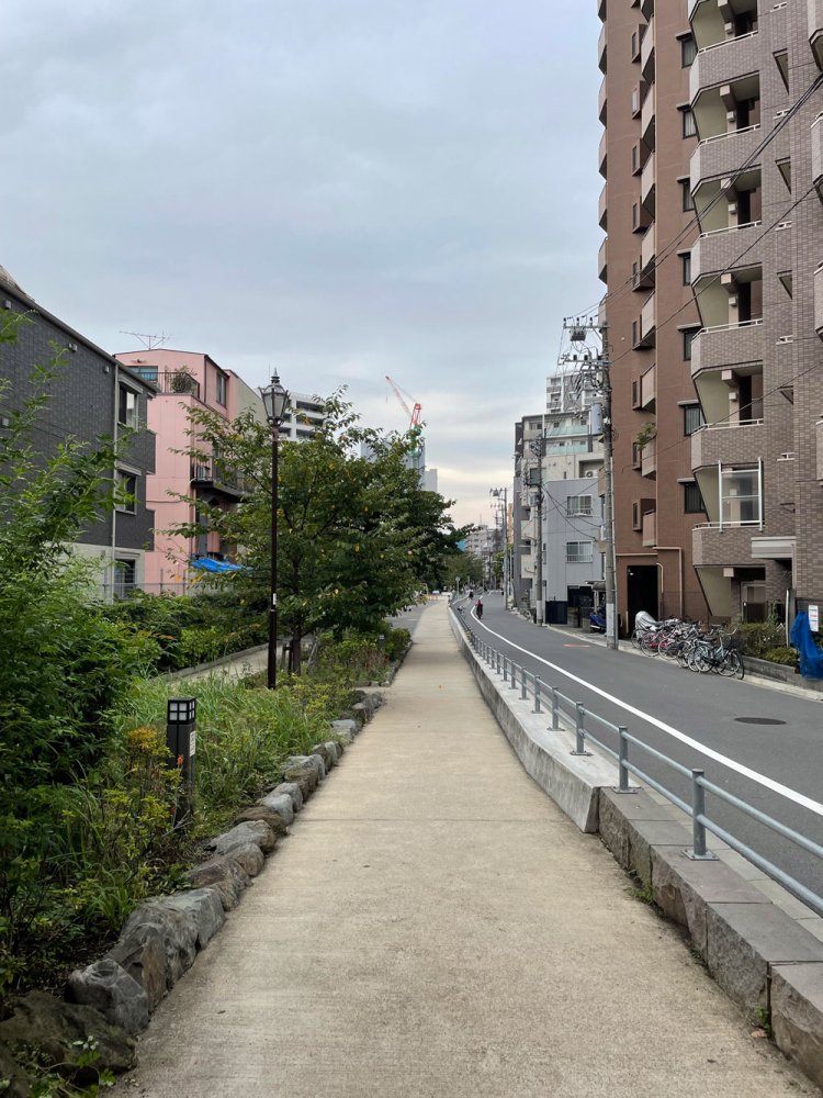 暗渠（あんきょ）の上が遊歩道として整備されている。遊具が設置されている区間もある。