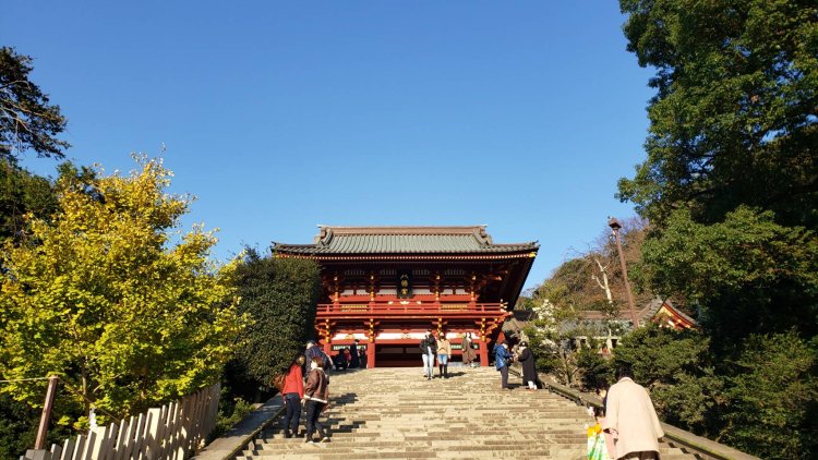 秋晴れの「鶴岡八幡宮」。朱色の社殿も紅葉のように青空に映える。