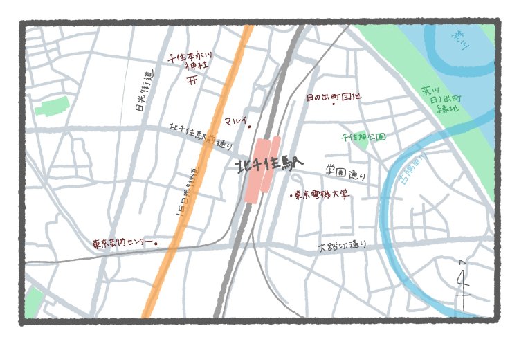 旧流路を地図に書き足すとこんな感じ。オレンジ色のラインは旧日光街道。