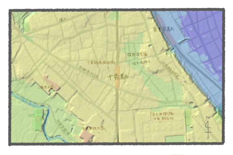 国土地理院地図の標準地図・標高図・陰影起伏図を加工し重ねたもの。