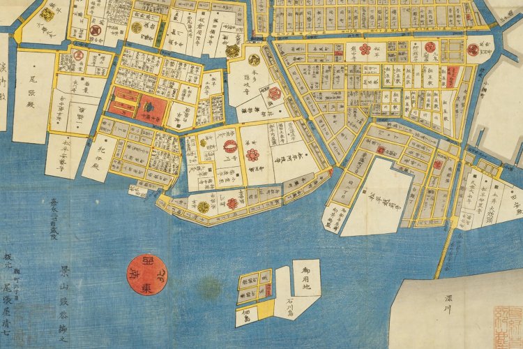 江戸時代後期の隅田川河口（〔江戸切絵図〕 築地八町堀日本橋南絵図、出典＝国立国会図書館デジタルコレクション）。