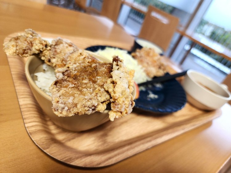 ご飯にのせて唐揚げ丼にしてみたが、唐揚げが大きすぎてどんぶりにぜんぜん収まらなかった。