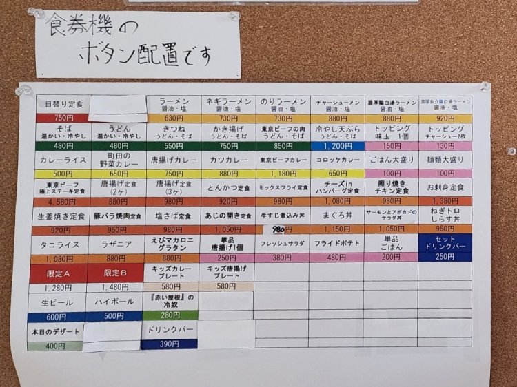 店の入り口に券売機のボタン配置が書かれた紙が掲示されていた。券売機の前に立つとたいていまごまごしてしまうから、これはありがたい。