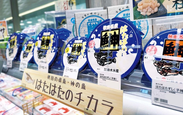 県魚のハタハタを県産米、ニンジン、生姜で漬けたなれずし「鰰ずし」。いまがシーズン真っ只なか。切り、1匹、子持ちなど、各種あり。