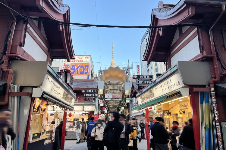 新仲見世通りと仲見世商店街の交差地点から東方面を見る。