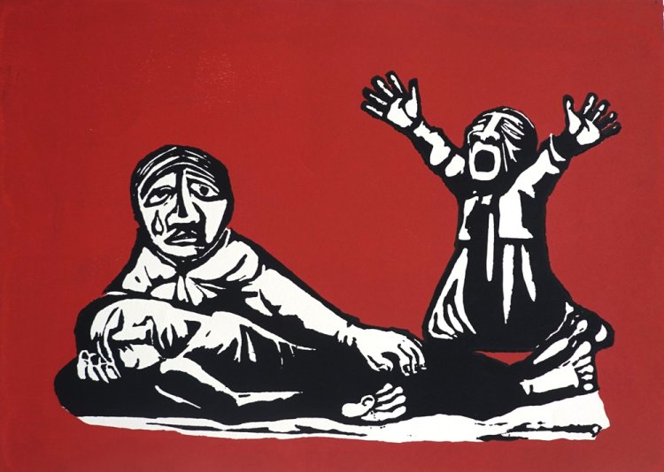 富山妙子《光州のピエタ》1980年 スクリーンプリント『横浜美術館』蔵（坂田棗氏寄贈）。