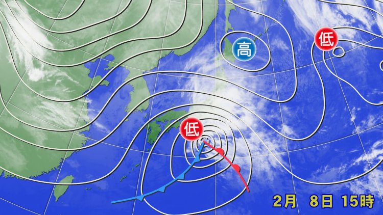 2014年2月8日低気圧が本州南岸を東進した（画像＝ウェザーマップ）。