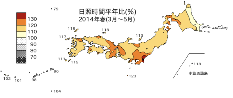 2014年春（3月～5月）の日照時間平年比（画像＝気象庁）。