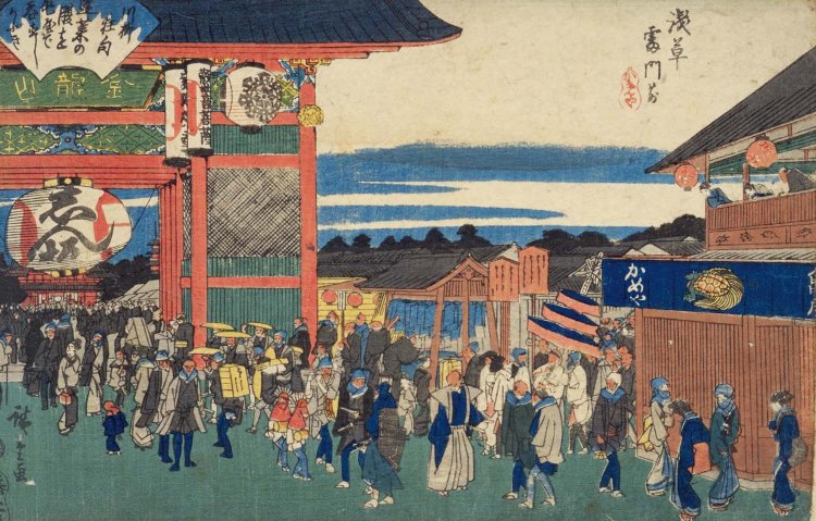 歌川広重『江戸高名会亭尽 浅草雷門前』。