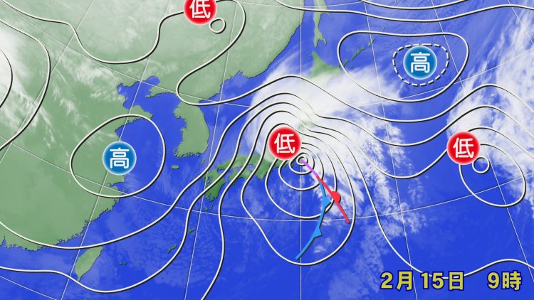 2014年2月15日再び南岸低気圧が接近。長野新幹線や山形新幹線が運休、東京管内で最大24万7千件が停電（画像＝ウェザーマップ）。
