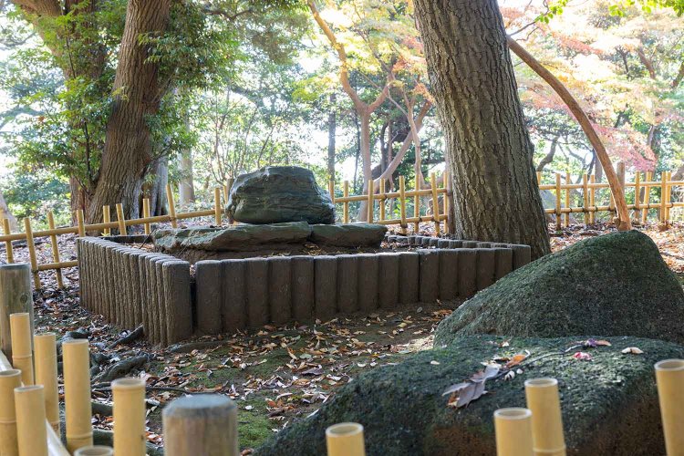 国府台の「里見公園」にある夜泣石は、長さ60×幅38×厚さ30cmほどの大きさ。