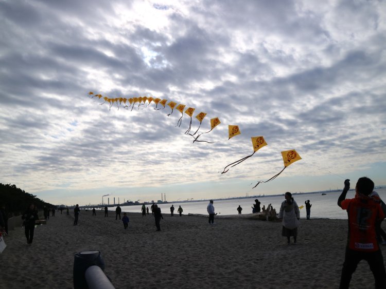 ダイナミックな連凧を揚げる人も。個性的な凧が空をにぎわす。