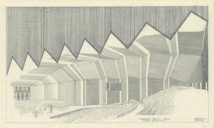 アントニン・レーモンド「群馬音楽センター内観透視図」1958年 レーモンド設計事務所蔵 （C）The Raymond Family。