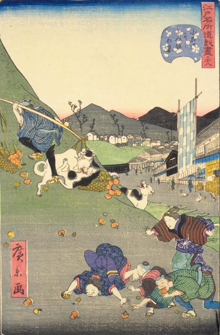 歌川広重『江戸名所道戯尽 三十八 小石川にしとみ坂の図』。