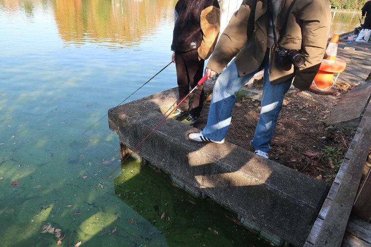 片手をポケットに入れながらバンバン釣りあげる少年（かっこいい……）に釣り方を教わるも、私の釣果はゼロ。