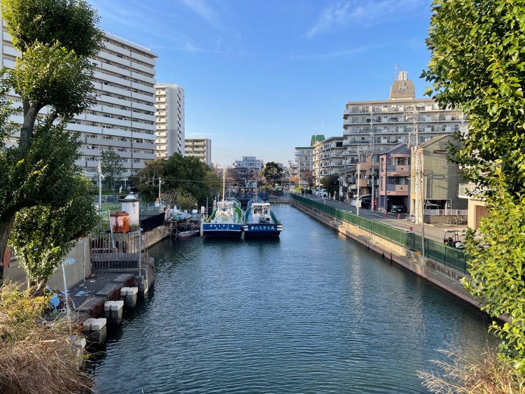 堤内の船だまりと南六郷緑地。かつては舟運にも利用され雑色運河と呼ばれた。