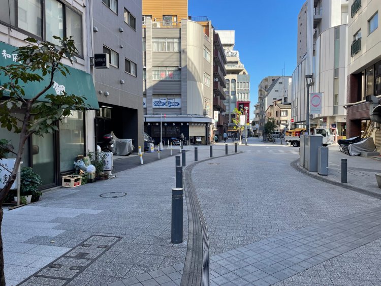 さかさ川通り。真ん中の車道部分がくねくね曲がっていて「川っぽさ」を表している。