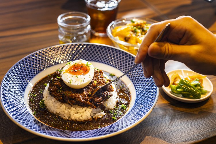 欧風クラフトキーマカレー1200円。本日のサラダ200円、この日はカモ肉とリンゴがのっていた。