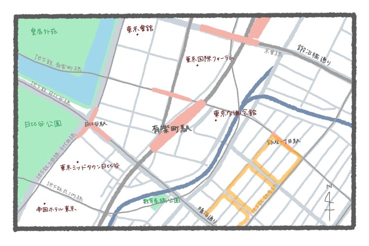 江戸時代の1街区と思われる正方形をオレンジ色で追記。