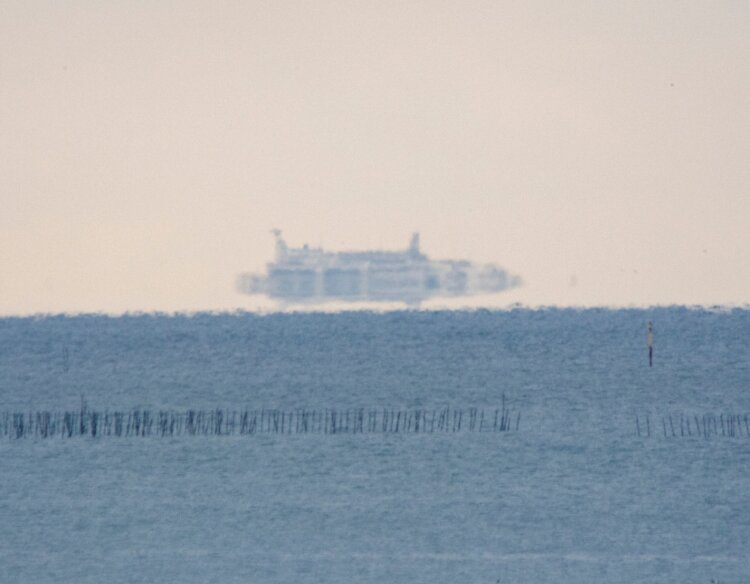 海面に浮かび上がって見える海ほたるパーキングエリア（画像＝ふなばし三番瀬環境学習館）。
