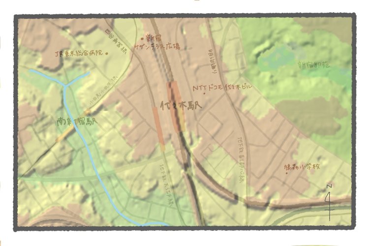 国土地理院地図の標準地図・標高図・陰影起伏図を加工。水色の線が川筋。