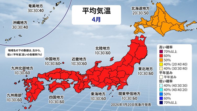 気象庁発表3か月予報。4月は北日本から西日本で気温は平年より高い（画像＝ウェザーマップ）。