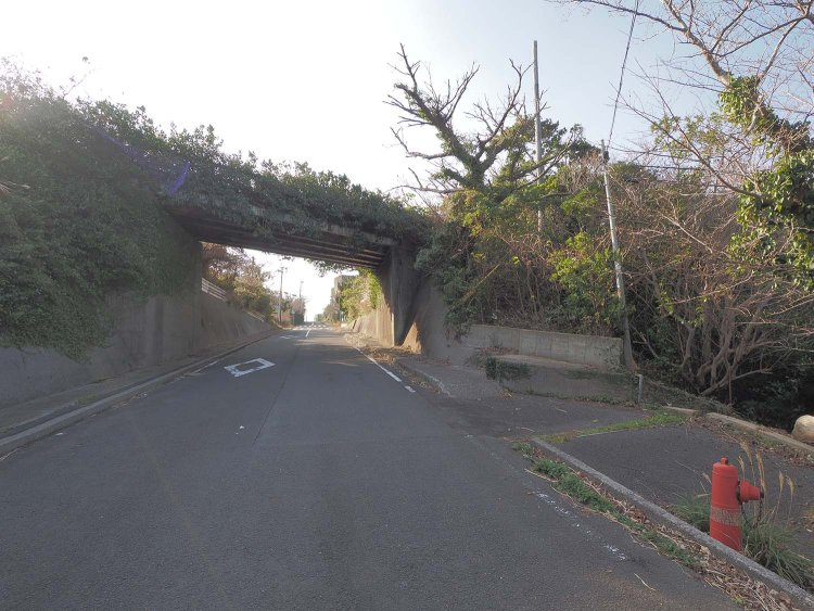 第一立坑やぐら付近から石炭ガラを捨てる軌道が延びて道路をオーバークロスしていた。軌道はもう撤去されているらしい。