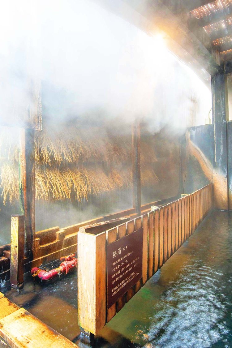 笹湯は蒸気が舞い、笹竹からポタポタと温泉の雫が滴り落ちている。