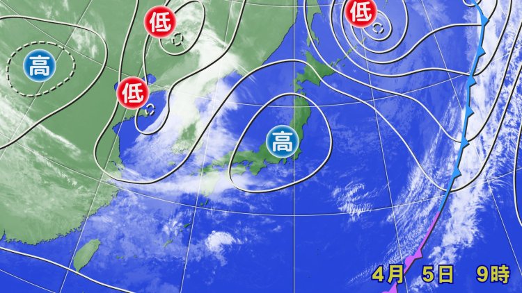 2025年4月5日の天気図。高気圧の中心付近にある関東はよく晴れた（画像＝ウェザーマップ）。
