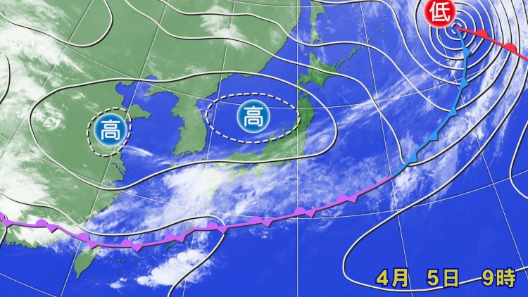 2024年4月5日の天気図。高気圧の中心は関東から見ると北寄りに、関東から西日本は雲が広がった（画像＝ウェザーマップ）。