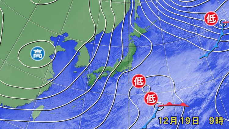 2024年12月19日の天気図。関東から静岡県付近で等圧線が少し凹み、雲が広がった（画像＝ウェザーマップ）。