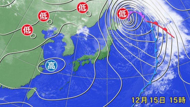 2025年12月15日の天気図。典型的な冬型の気圧配置に（画像＝ウェザーマップ）。