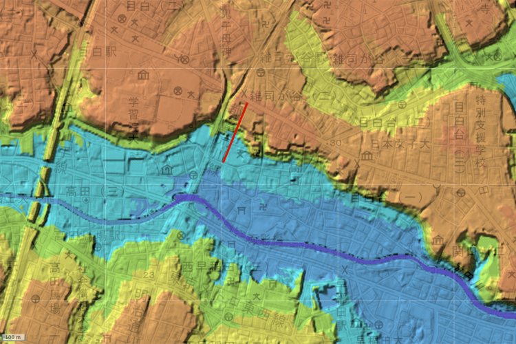 のぞき坂は赤い線の部分（国土地理院地図の標準地図・標高図・陰影起伏図を加工）。