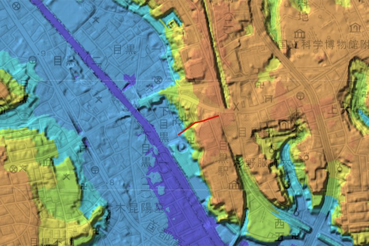 行人坂は赤い線の部分（国土地理院地図の標準地図・標高図・陰影起伏図を加工）。