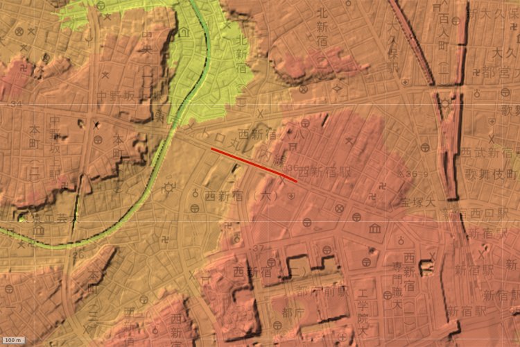  成子坂は赤い線の部分（国土地理院地図の標準地図・標高図・陰影起伏図を加工）。