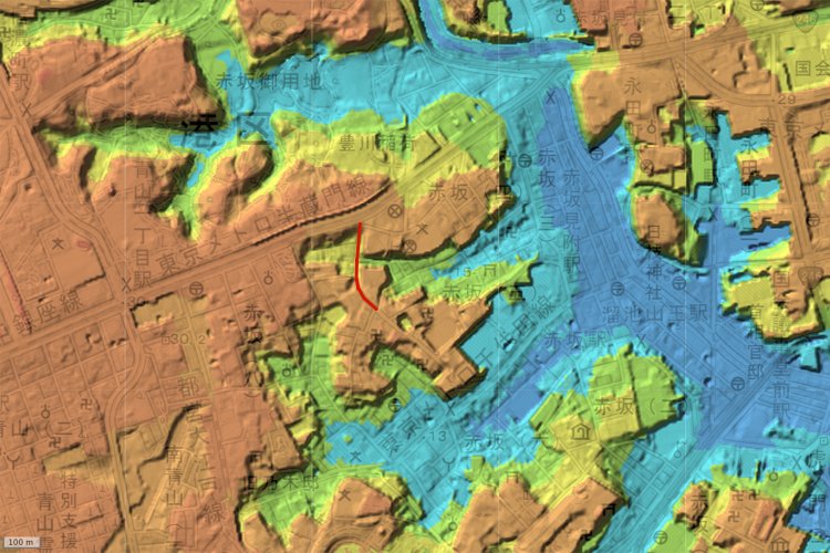 薬研坂は赤い線の部分（国土地理院地図の標準地図・標高図・陰影起伏図を加工）。