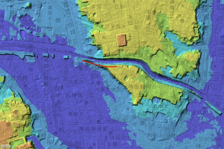 皀角坂は赤い線の部分（国土地理院地図の標準地図・標高図・陰影起伏図を加工）。