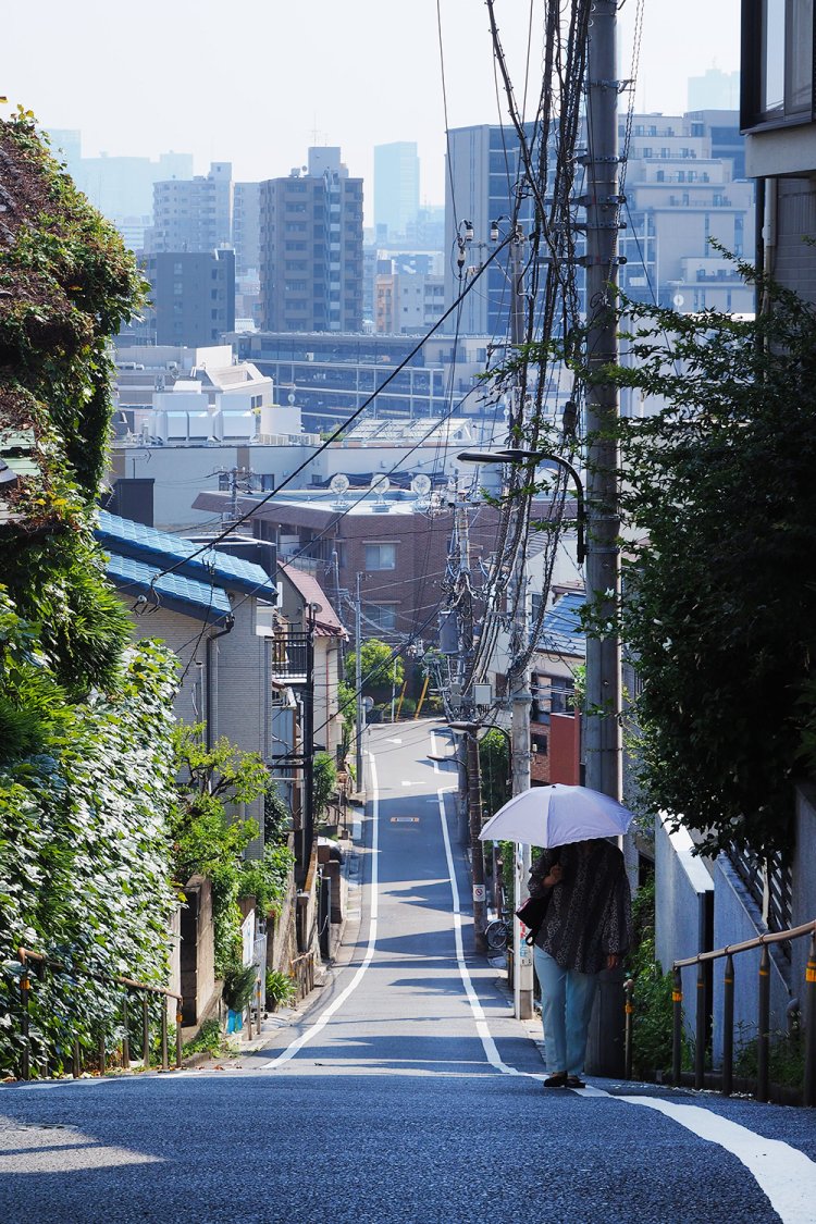 のぞき坂の少し東、日無坂とのY字路でも有名な富士見坂。